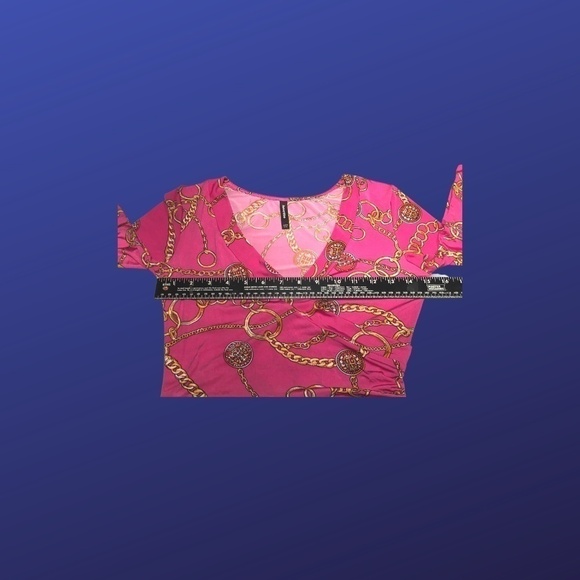 Janette FASHIONS Surplice Wrap MAXI Dress, PINK/GOLD CHAIN Print, Size S, EUC - Picture 6 of 11